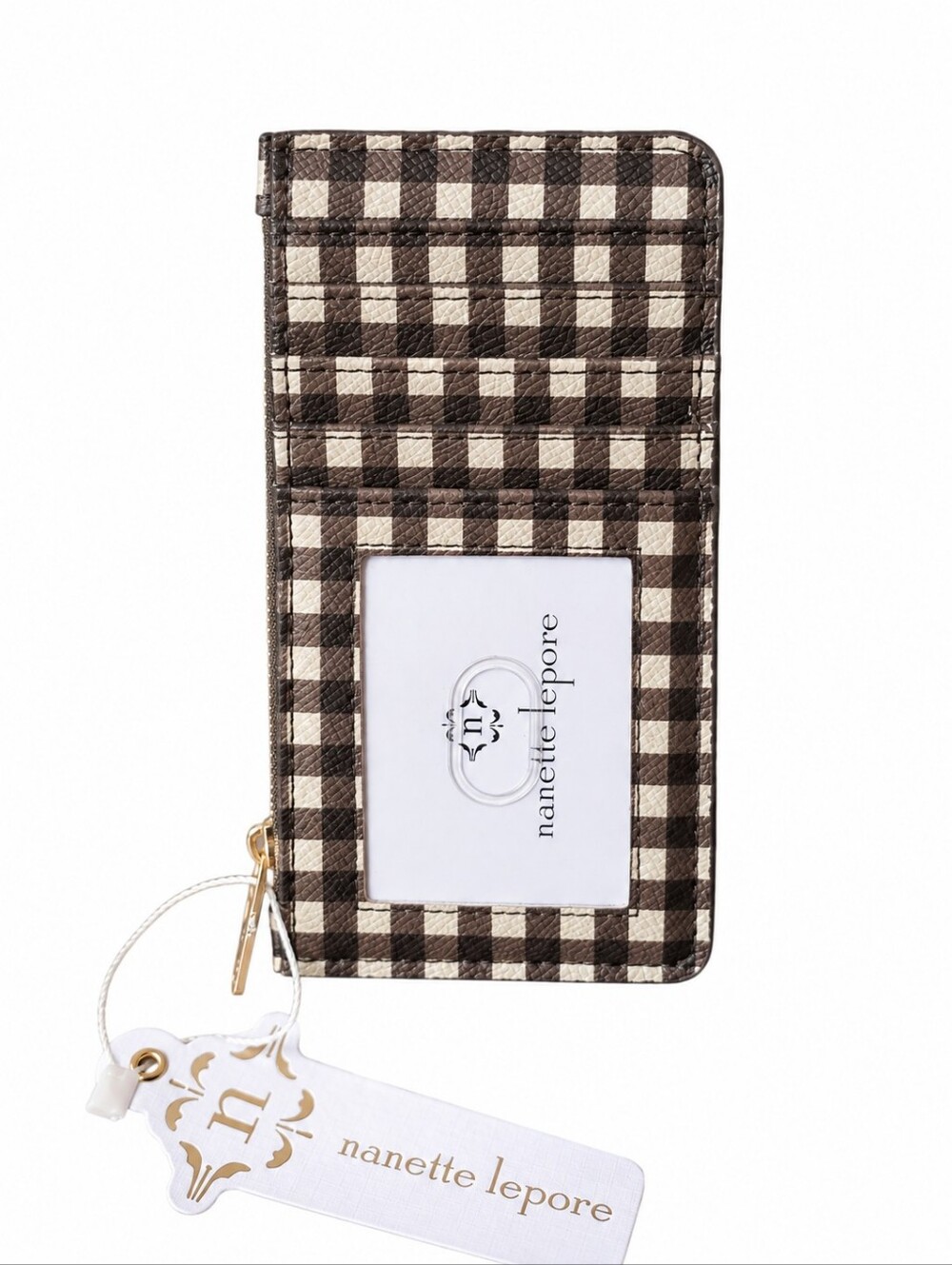 Nanette Lepore Brown & White Gingham Zip Card Holder NWT